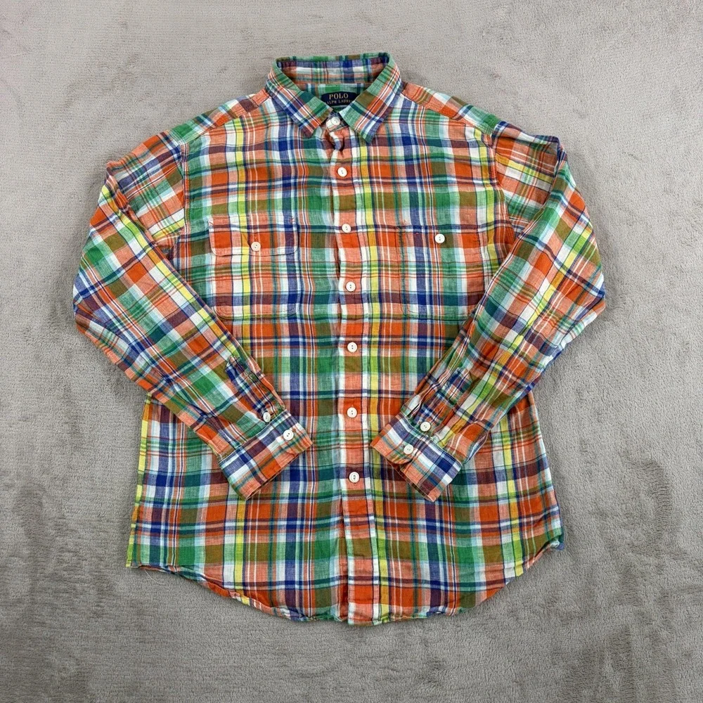 Polo Ralph Lauren 100% Linen Multi Madras Plaid Work Shirt Men Large Pony Preppy
